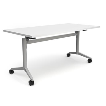white table with silver legs on wheels